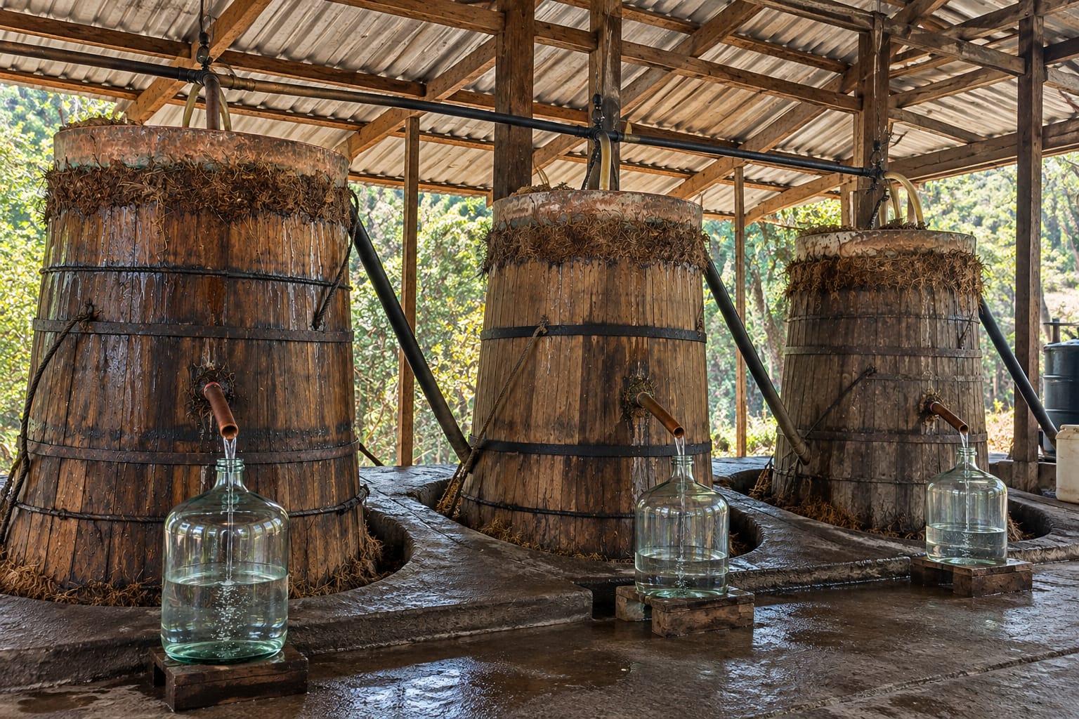 Alambique filipino de madera durante la destilación